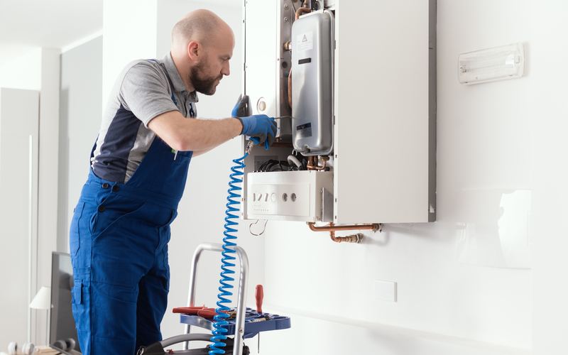 Engineer servicing a gas boiler